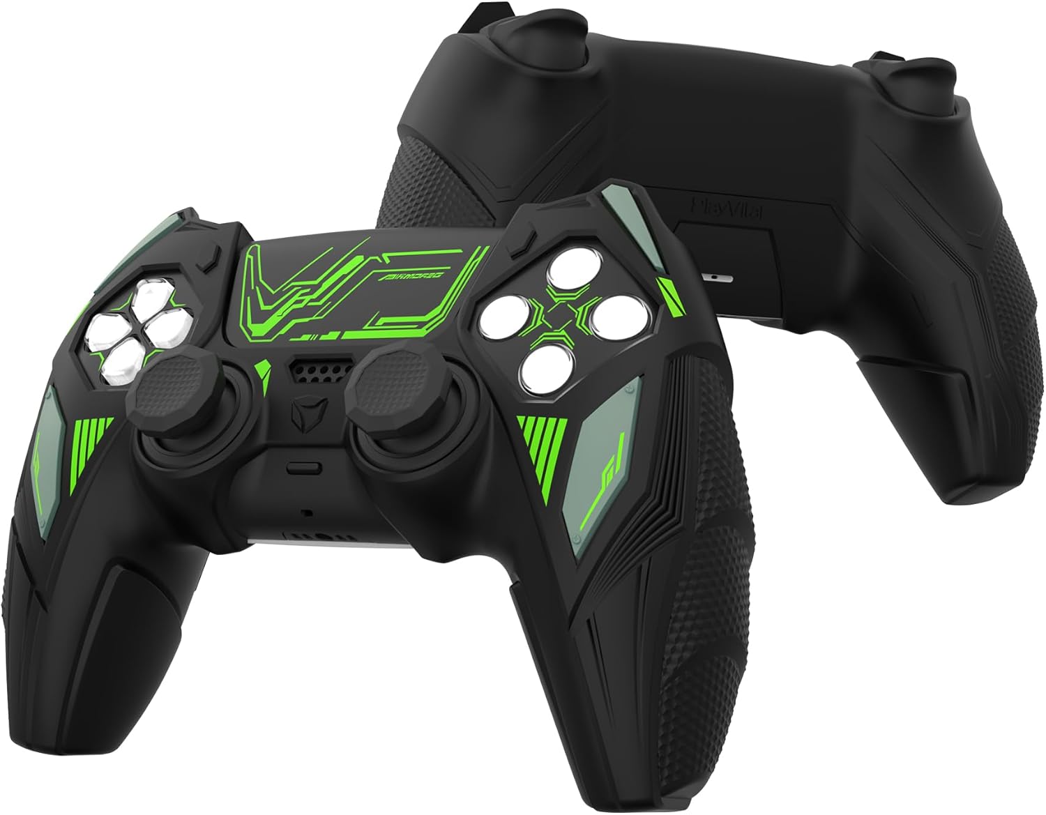 PlayVital Silicone Skin Set for PS5 Controller - Mecha Rhino Design, Anti-Slip Grip Cover Protector Compatible with Charging Dock, with Thumb Grips & Touchpad Sticker - Black & Green - Image 9