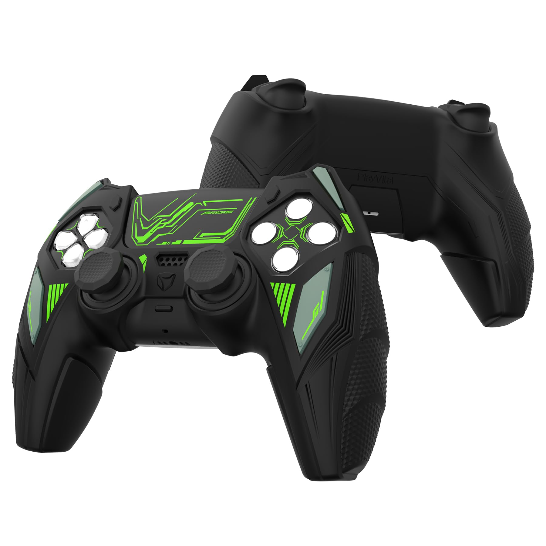 PlayVital Mecha Rhino Silikonhülle für PS5 Controller, Anti-Rutsch-Schutzhülle Case mit Thumb Grips und Aufklebern, Griffe Skin Zubehör für PS5 Wireless Controller Passend zur Ladestation-Schwarz&Grün