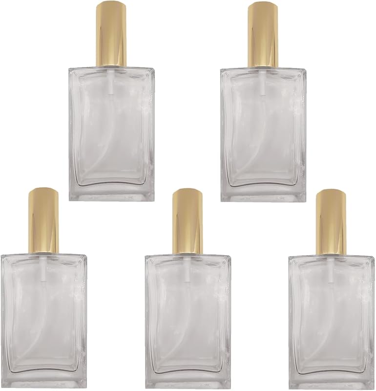 PimyRcyi Frascos de Spray Quadrados de Vidro Recarregáveis com Névoa Fina, 100 mL, Clear + Gold, Pacote com 5