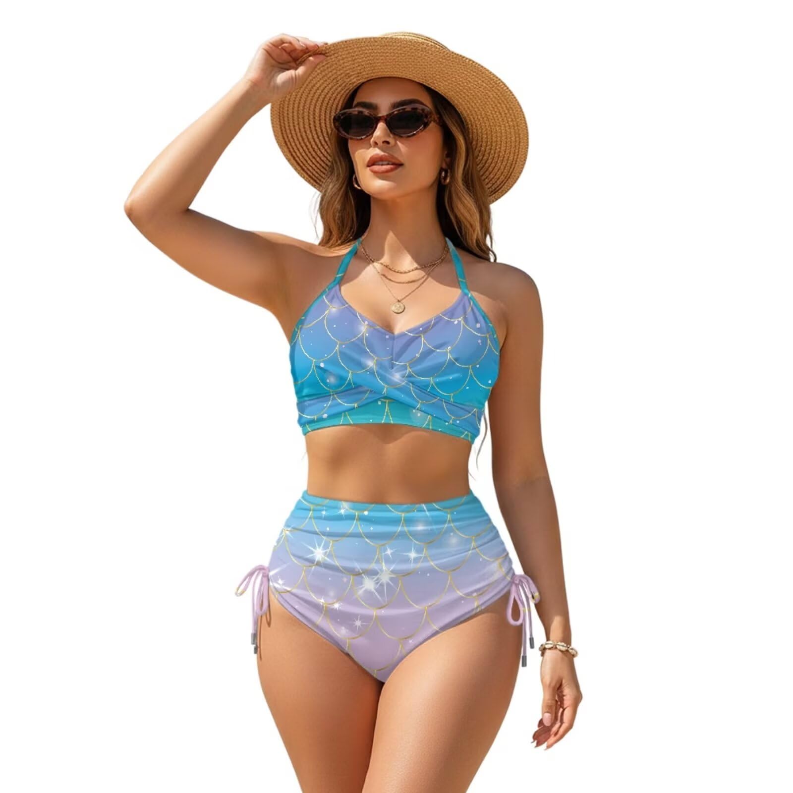 Women's Bikini Sets Tummy Control Swimsuits Twist Front Bathing Suit High Waisted Beachwear