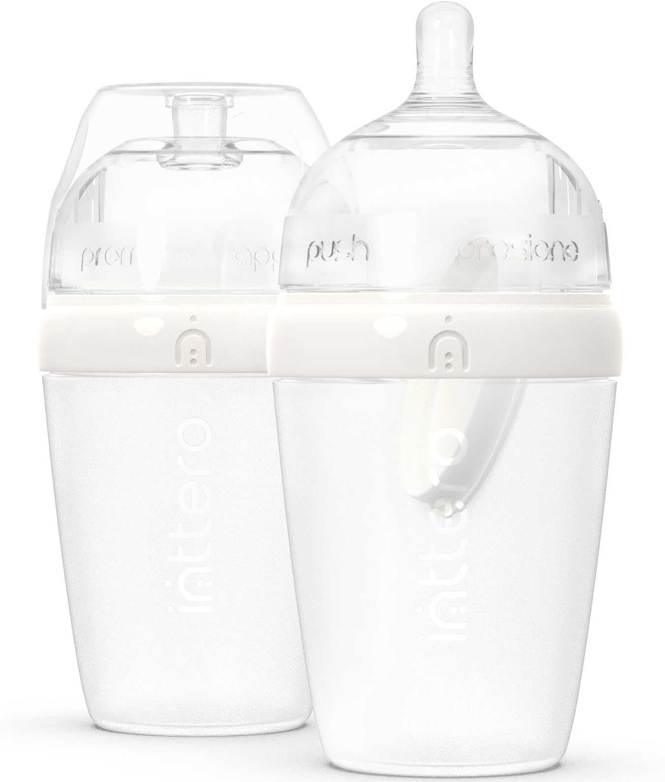 Inttero Preload/Formula Mixing Baby Bottle with Anti-Colic & Air-Free System - 9oz - 2 Pack (Stylish White, Medium Flow)