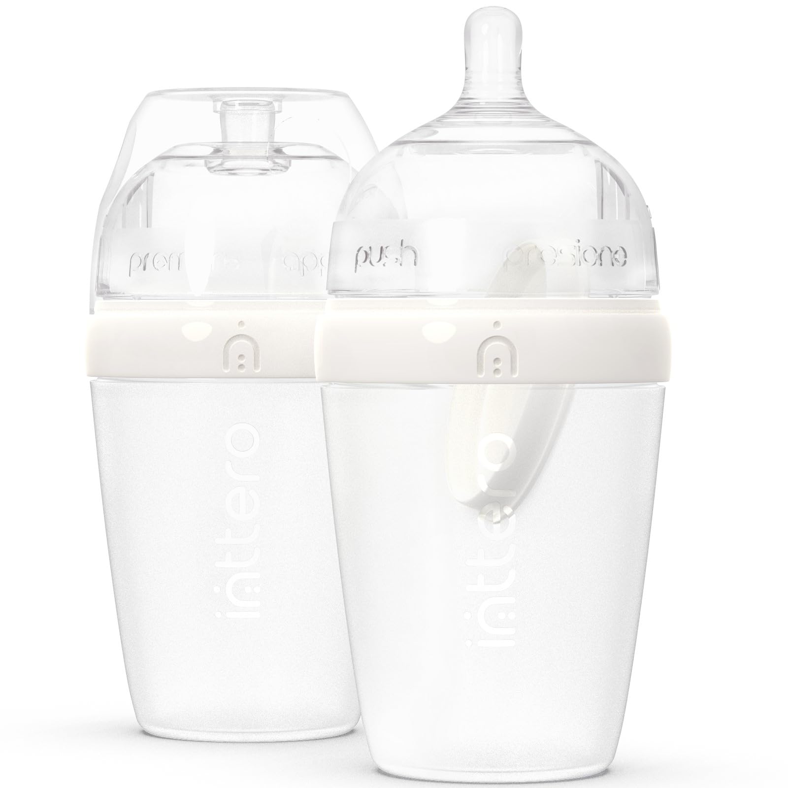 Inttero Preload/Formula Mixing Baby Bottle with Anti-Colic & Air-Free System - 9oz - 2 Pack (Stylish White, Medium Flow)