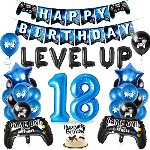 Decoração de aniversário para videojogos, balão de 18 anos, controlador, top de bolo, bandeira, azul e preto, festa temática do jogo