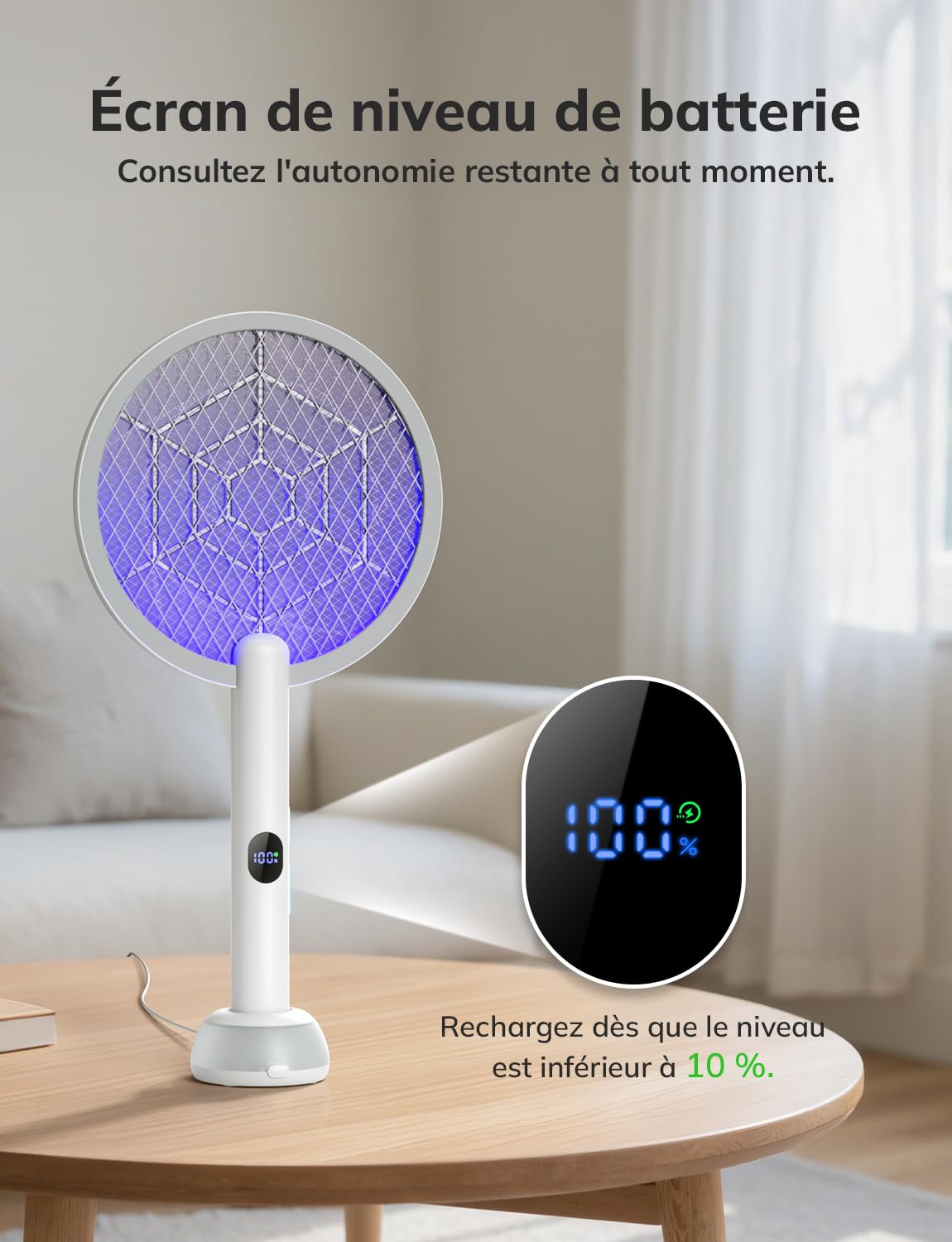 YISSVIC Raquette Electrique Insectes 1800mAh Raquette Anti Moustique 4000V Tapette à Mouche Puissante ave Base Lumineuse Rechargeable USB-C Élimine Moustiques Mites Fourmis Volantes (Blanc)