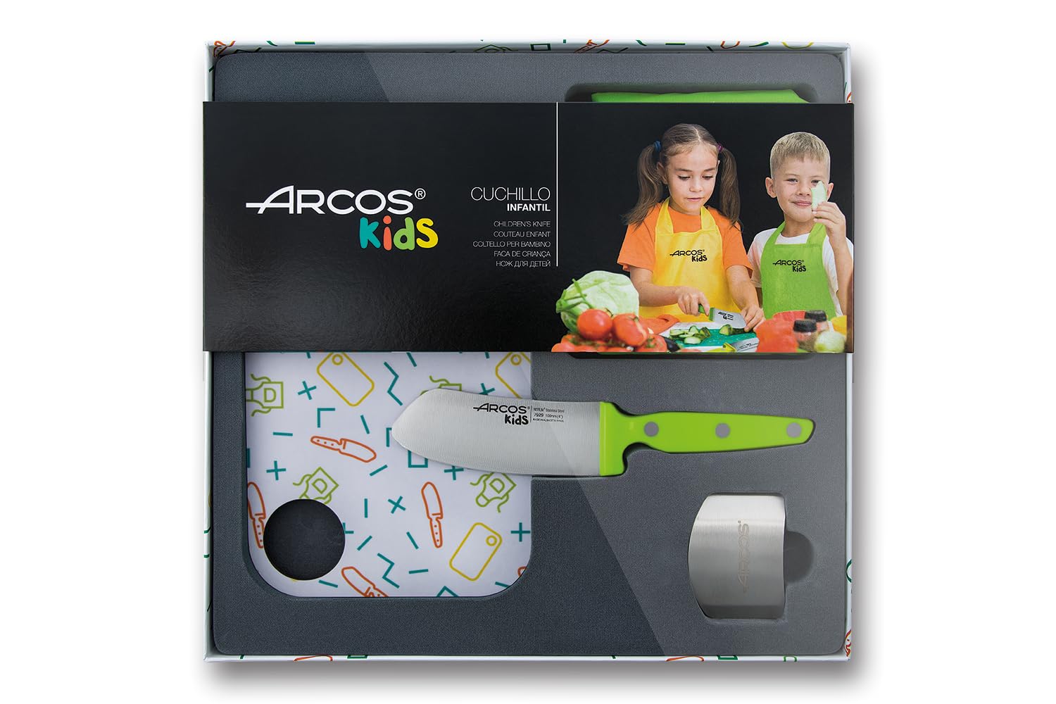 Arcos Kids - Set de Cocina para niños (Cuchillo infantil + Delantal + Tabla de corte + Protector de dedos) - Color Verde