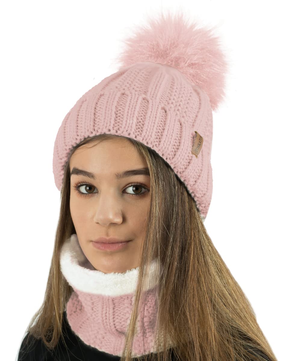 TOSKATOK Ladies Womens Winter Rib Seed Stitch Beanie Bobble Hat with Warm Cosy Fleece Liner & Large Faux Fur Pom Pom - Nude Set