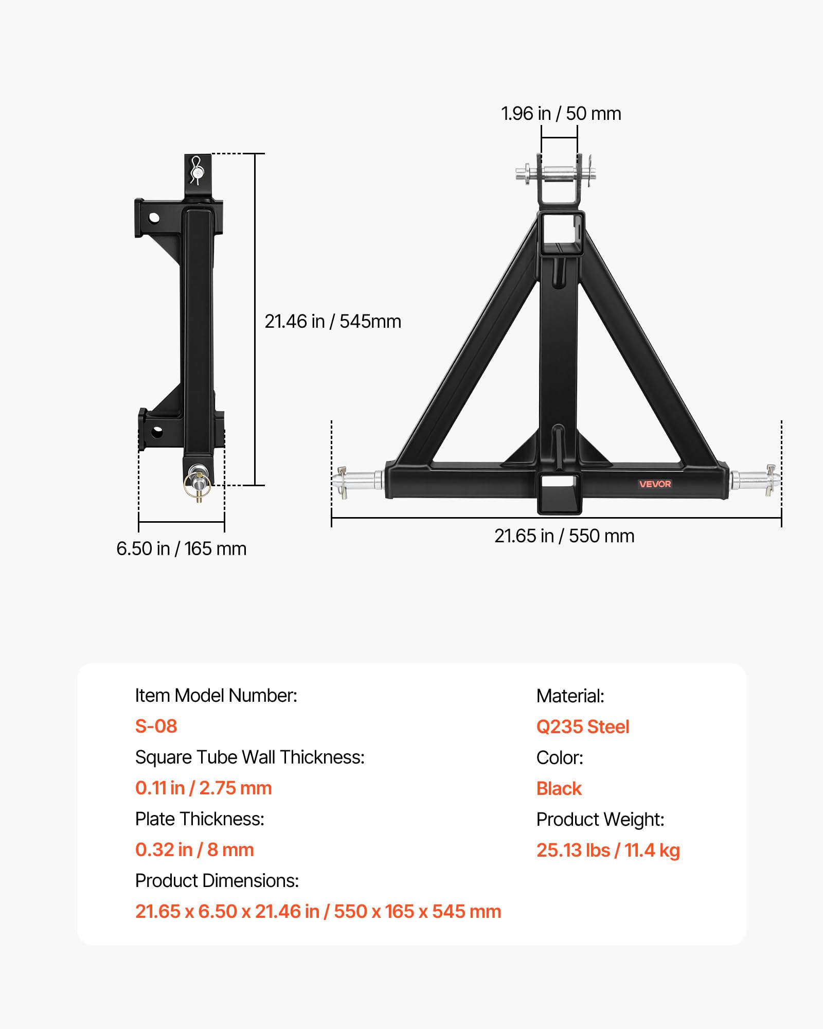 VEVOR Attelage de Remorque 3 Points avec 2 Récepteurs 50,8 mm Triangle d'Attelage, Adaptateur de Remorquage pour Tracteur Catégorie 1, Compatible avec Kubota, John Deere, Ford, Massey Ferguson, Yanmar