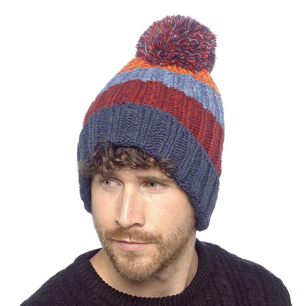 A2Z Mens Knitted Twist Yarn Stripe Beanie Hat with Sherpa Fleece Lining and Bobble - Hat MH1291 Navy/Red One Size