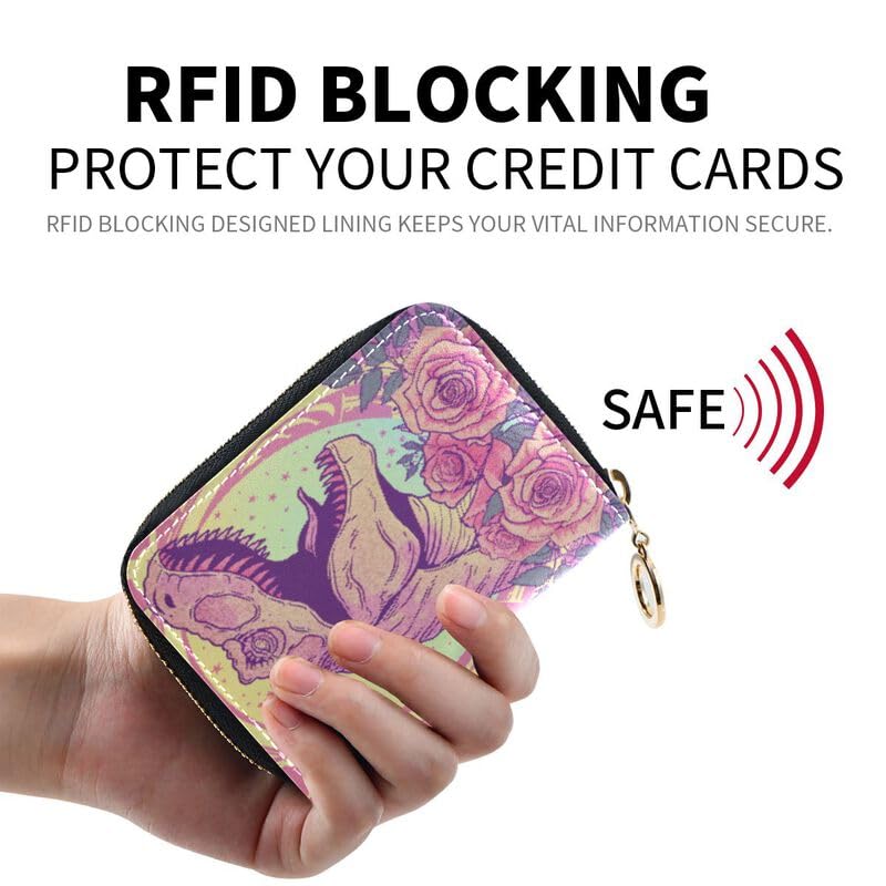 Pink Dinosaur Rose RFID Credit Card Holder Leather With Zipper Card Case Wallet for Women Girls2