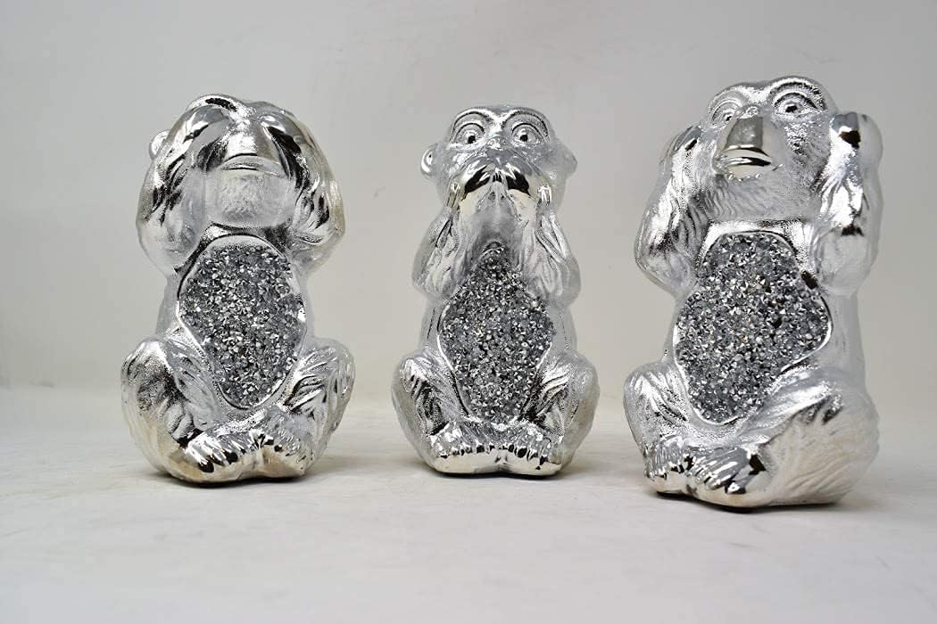 Aidni Silver Monkeys Hear-No, See-No, Speak-No Evil Animal Statue Set Sparkle Ornament, Bling Crushed Diamond Detailing, Home Decor Trio, 10Cm