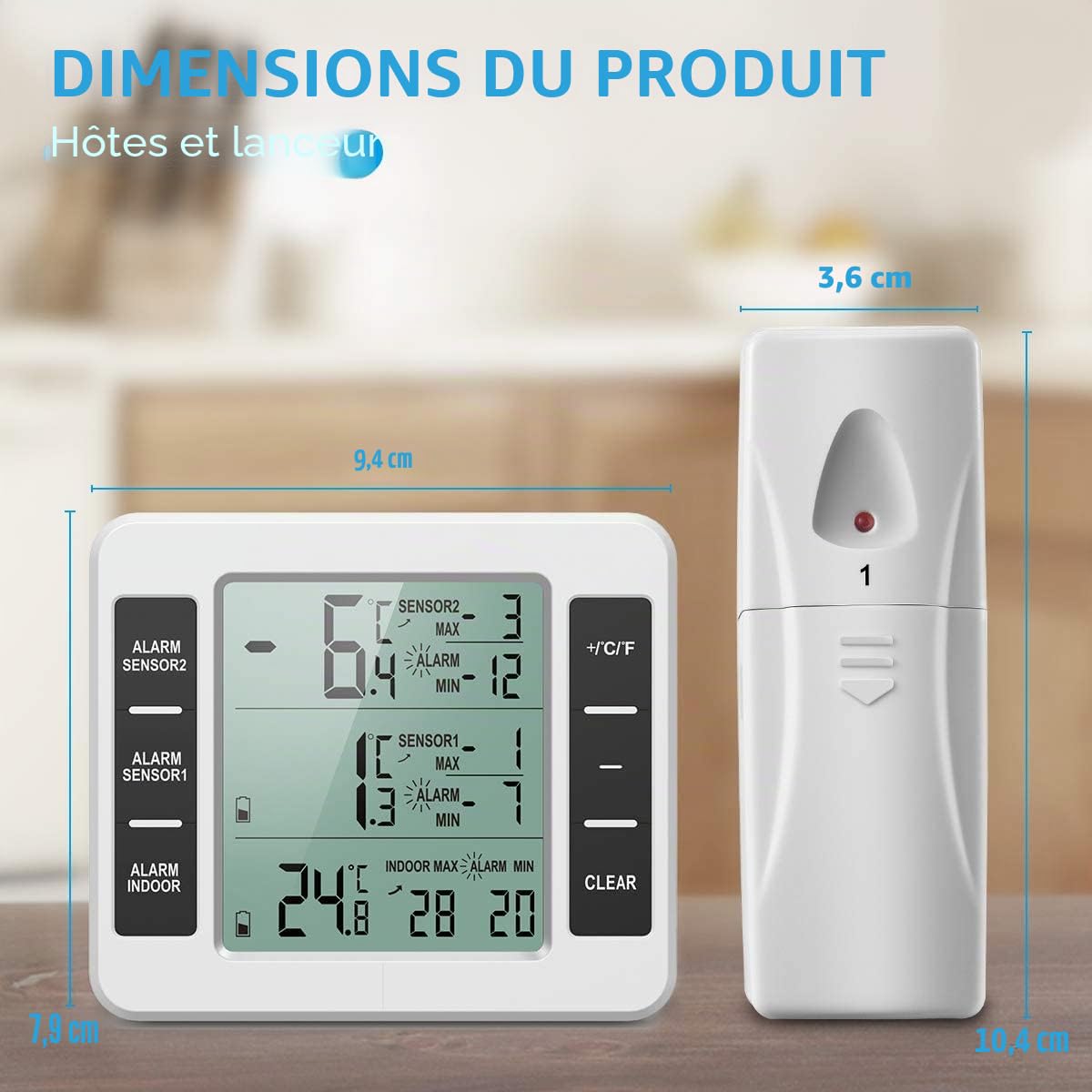 Brifit Thermomètre Frigo Connecté - Alarme Congélateur, Intérieur/Extérieur Sans Fil avec 2 Capteurs, MIN/MAX et Alarme Température pour Maison