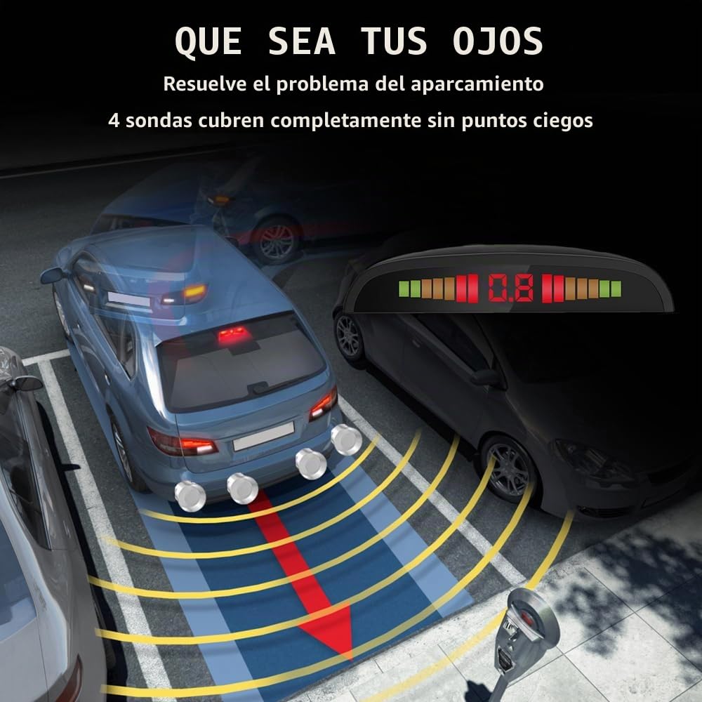 Kit De Asistencia De Aparcamiento Inalámbrico | Radar De Marcha Atrás con 4 Sensores PDC | Pantalla LED con Aviso Acústico, Sin Cableado, Fácil Instalación, Azul