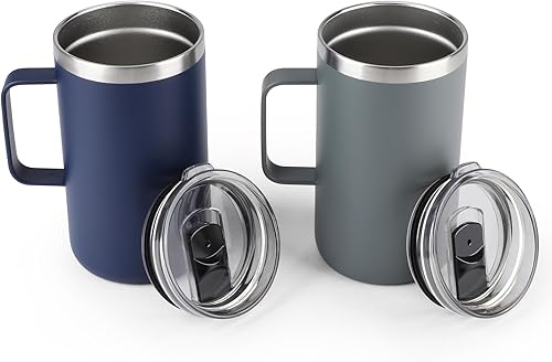 Olympia Tools Juego de tazas de café con asa y tapa, 20 onzas, taza de campamento aislada, paquete de 2, vaso de viaje de acero inoxidable de doble