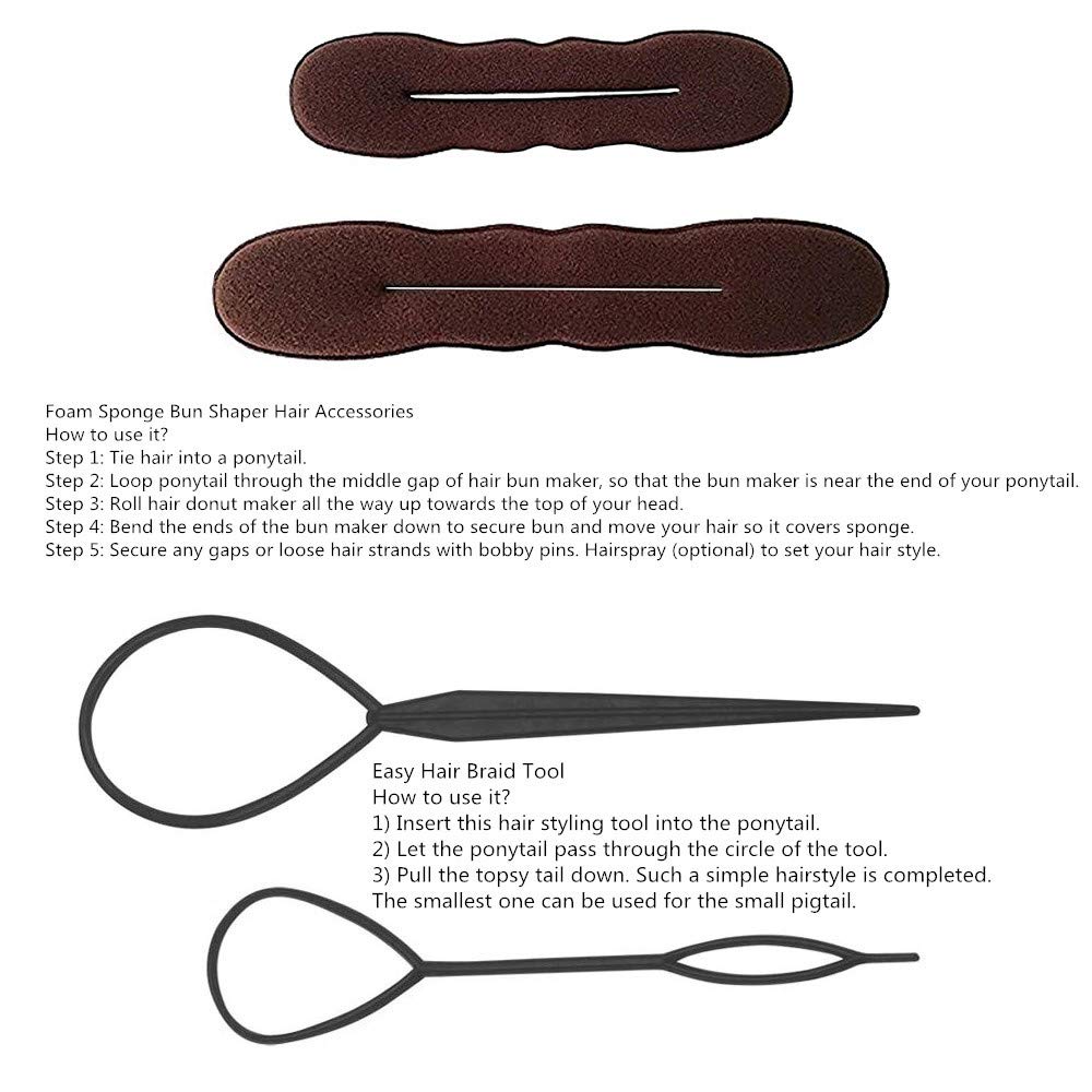 Juego de accesorios para el cabello: moldeadores de moños de esponja de espuma, clip mágico de giro francés, moños a presión, bandas elásticas y horquillas para el cabello (marrón) 6