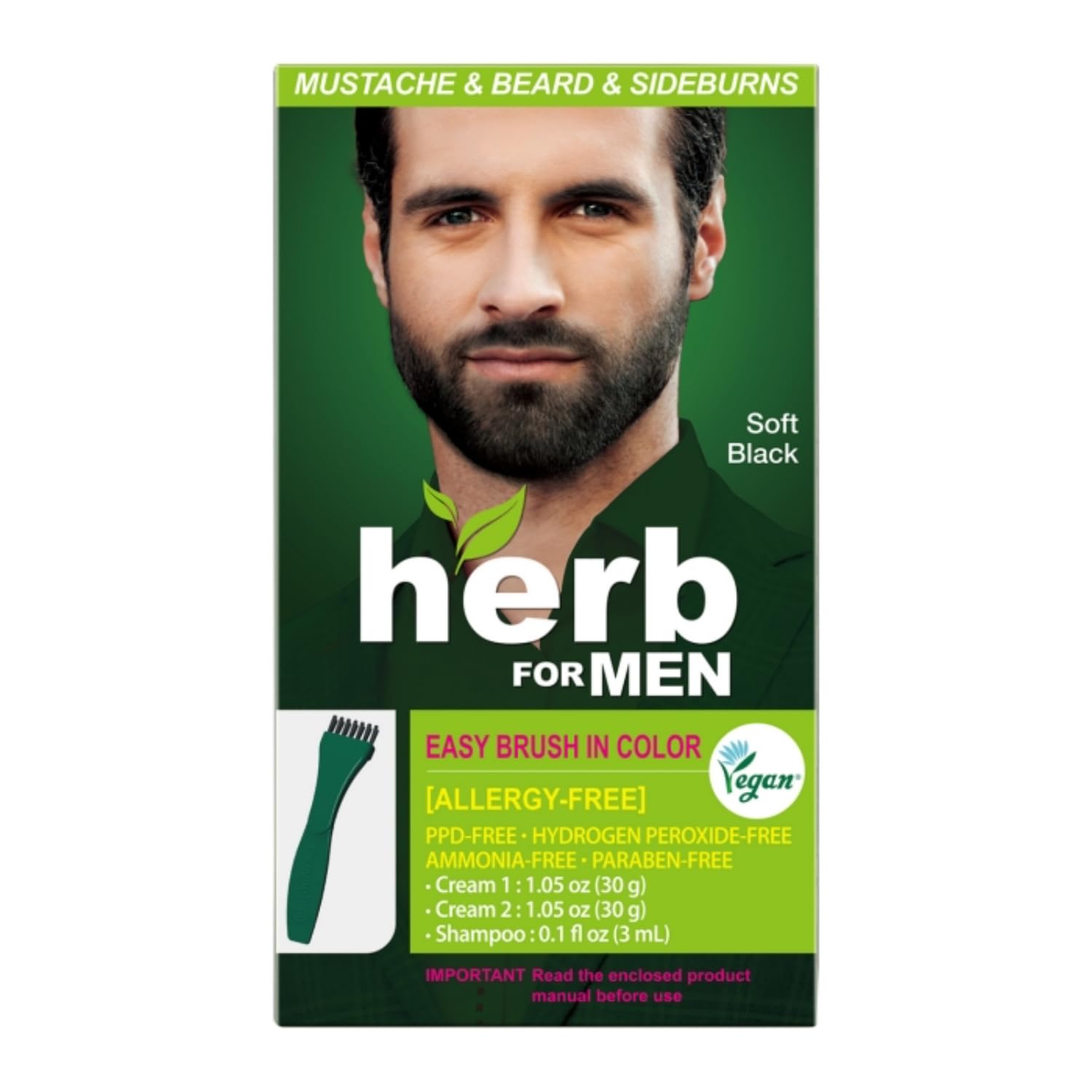 Herb For Men Mustache & Beard Dye (Soft Black, 1 Pack), PPD-Free Ammonia-Free, Vegan with Natural Ingredients, Odorless, Gentle for Sensitive Skin, No Skin Irritation