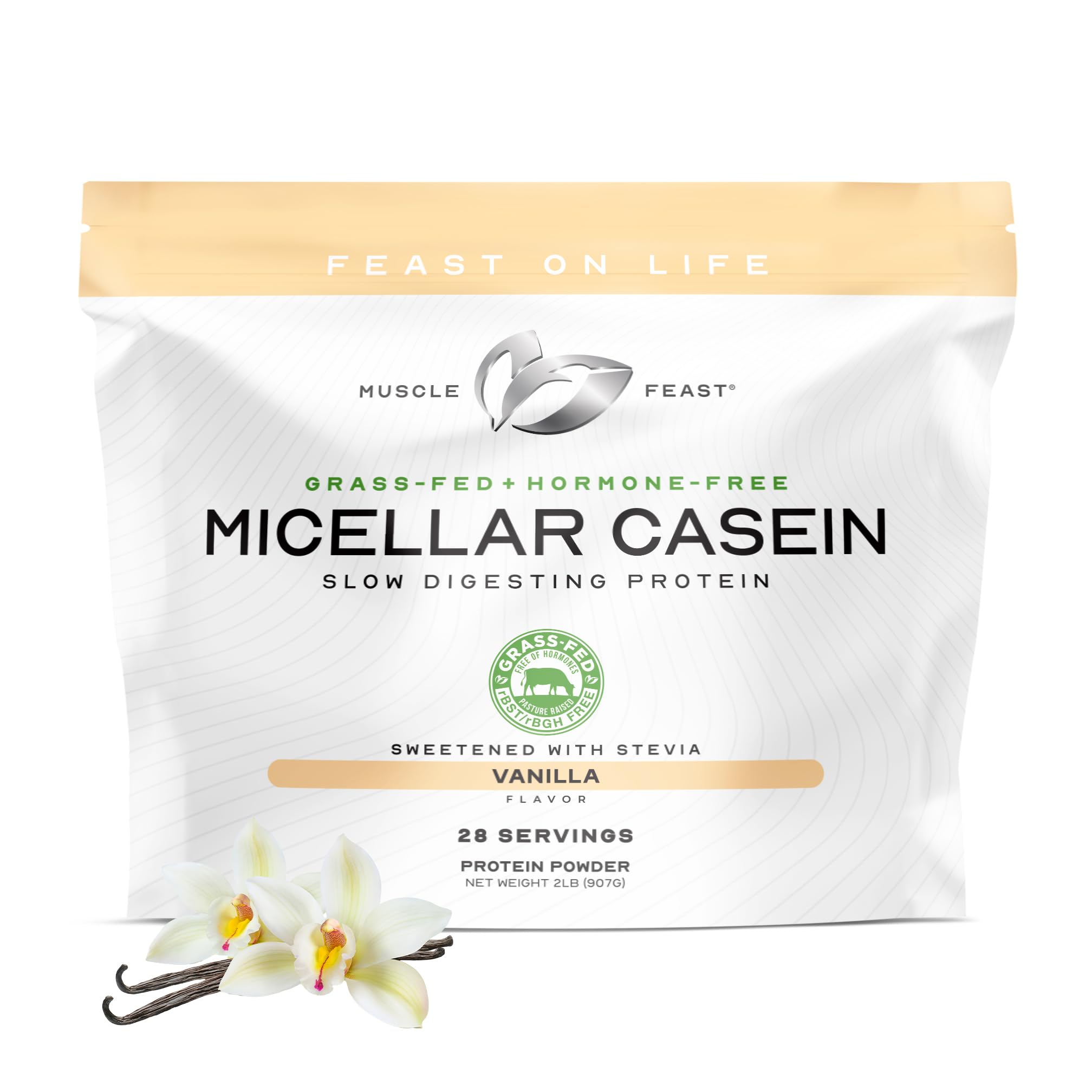 Proteína de caseína micelar Muscle Feast, totalmente natural, criada en pasturas, sin hormonas, sin soya, vainilla, 2 lb