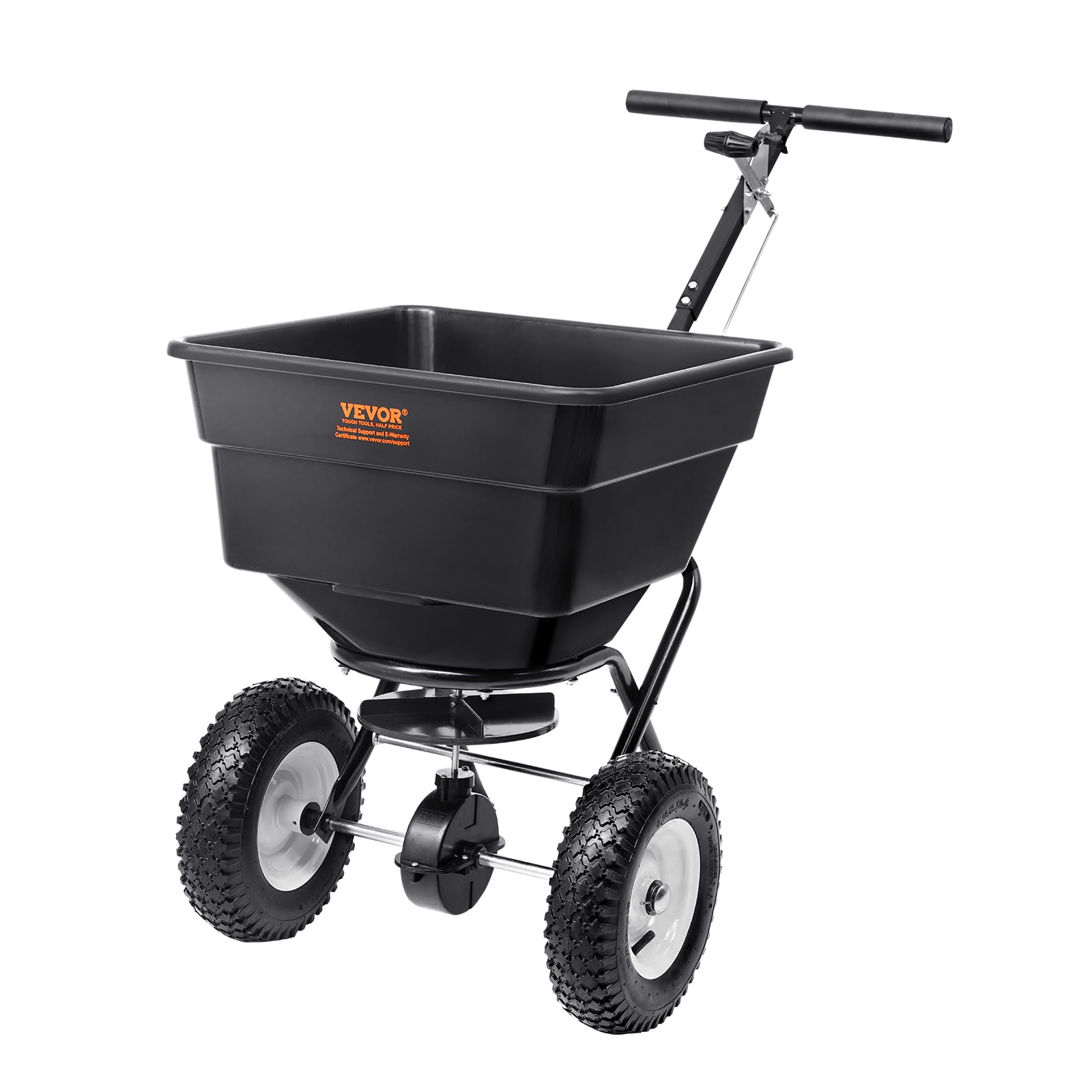 VEVOR Broadcast Spreader, 100 LB Walk-Behind Turf Spreader with 12" Wheels, Steel Push Fertilizer Spreader, Garden Seeder, and Salt Spreader, Designed for Residential, Farm, and Tough Terrain, Black