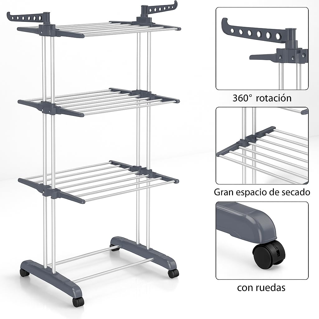 T-LOVENDO.ES Tendedero Vertical Plegable De Alta Capacidad de Ropa - 4 Niveles con Barras de Acero Inoxidable con Dos Alas Laterales Amplio Espacio para Secar. Ruedas Incluidas. Gris.