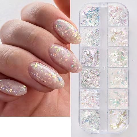 Holographic Iridescent Nail Glitter KALEFUL 12 Color Aurora Foil Nail Art Sequins Flakes Paillettes Designs Manicure Nail Decorations Cover