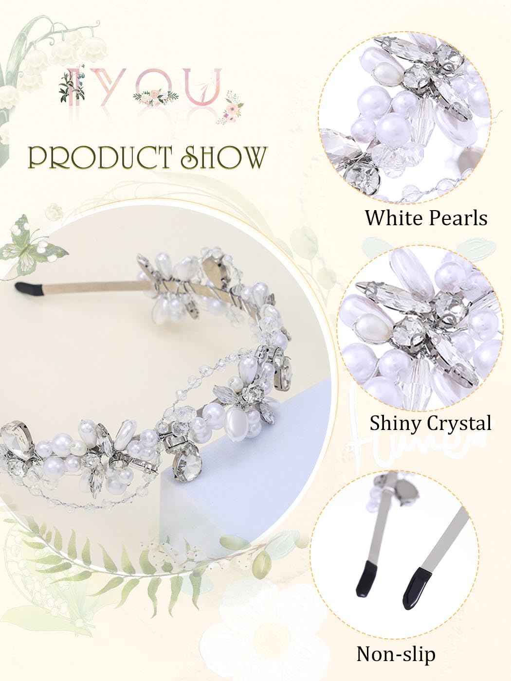 IYOU Pearl Bridal Headbands Silver Crystal Hair Bands Handmade Rhinestone Bride Wedding Hair Accessories for Women - Image 3