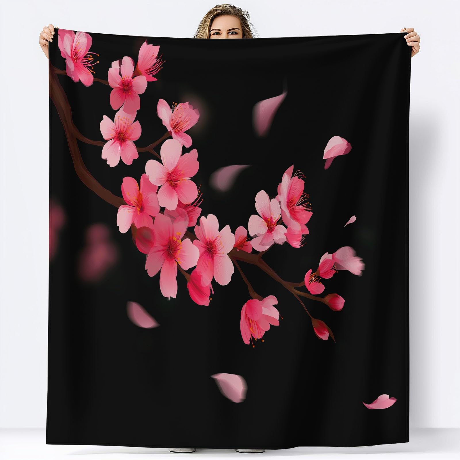 Ciepły flanelowy koc sherpa z minimalistycznymi kwiatami, kwiaty wiśni, gałęzie, 221 x 239 cm, miękki, przytulny, czarny, pluszowy, flanelowy, polarowy, 220 x 240 cm, dla dziewcząt, dzieci, dorosłych