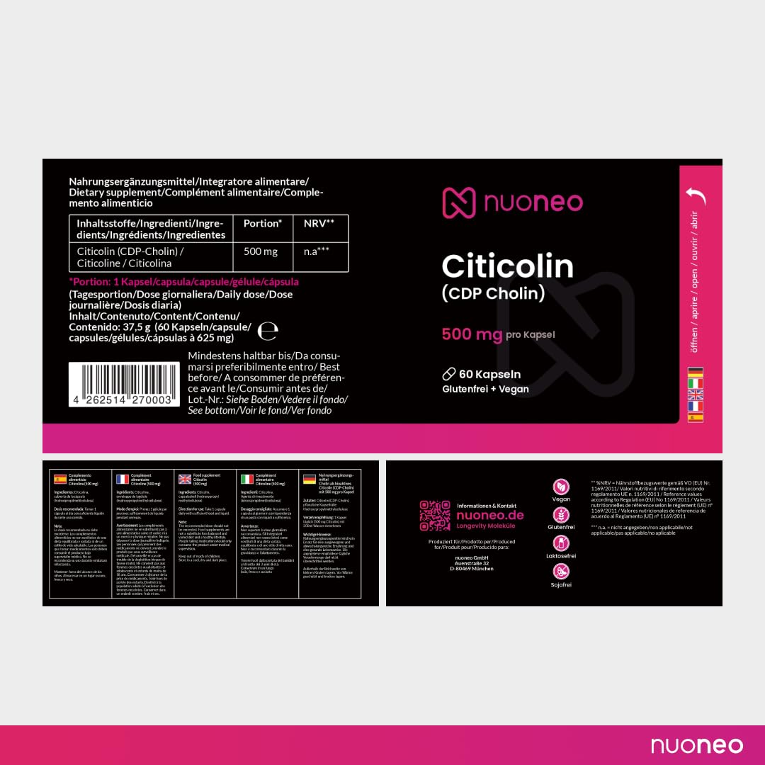 Citicoline CDP-choline 60 gélules de 500mg, haute biodisponibilité, pas d'additifs, 500 mg complets de citicolin/CDP Cholin par gélule de nuoneo