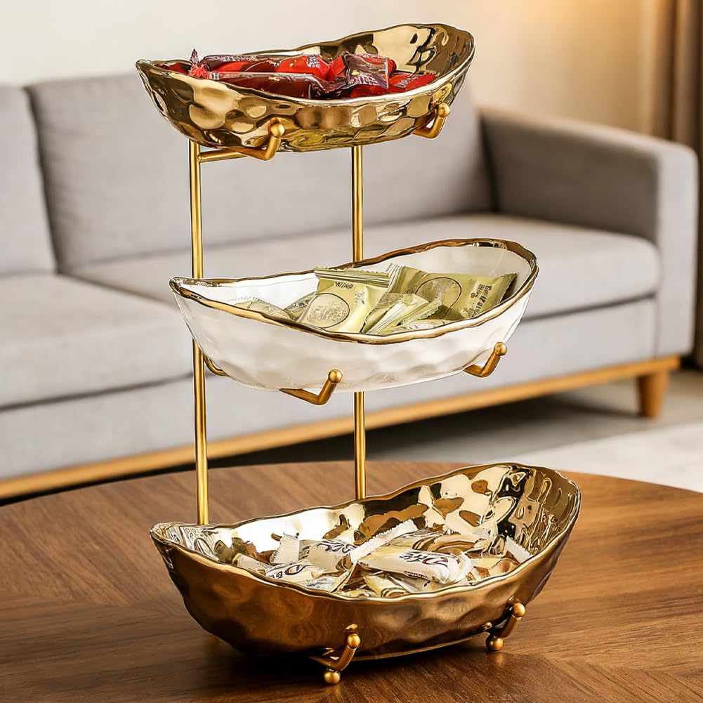 Corbeille à fruits, à 3 couches, en céramique, avec structure en métal, présentoir élégant pour servir des fruits, des légumes et des collations, bol décoratif pour cuisine et salon (trois couches de