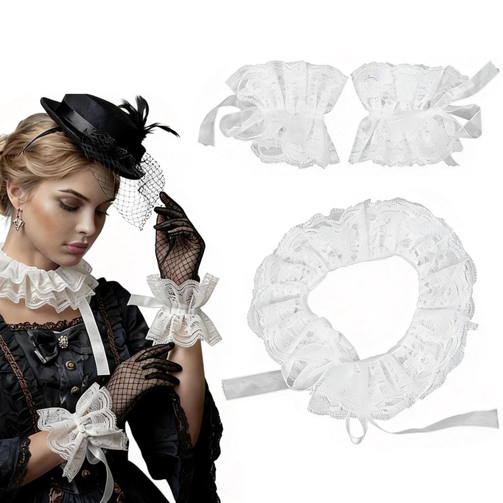 IMIKEYA Vintage Lace Collar with 2 Cuffs Set: Detachable Lace Sleeves Elastic Ruffled Wrist Cuffs for Women