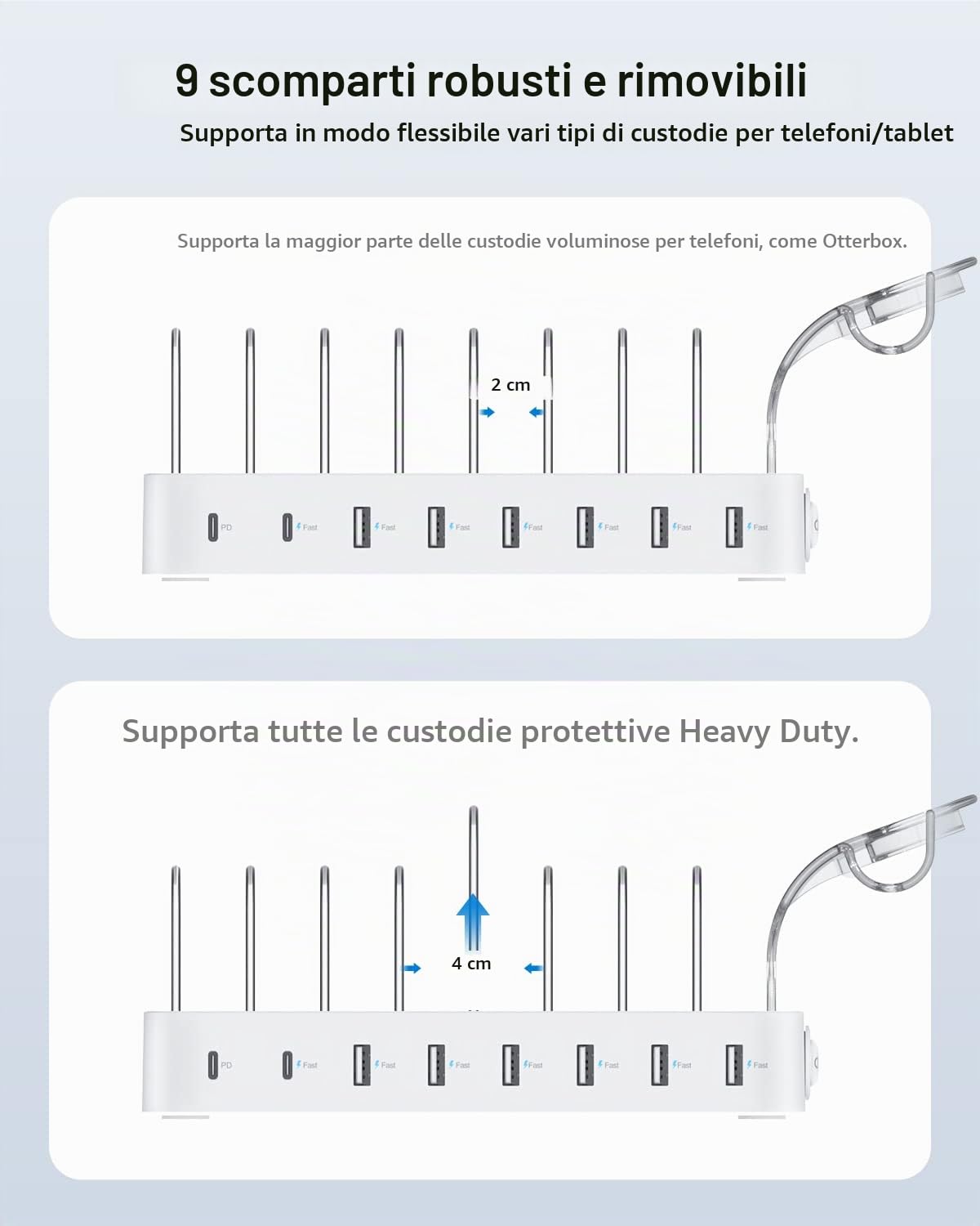 SooPii Stazione di ricarica USB C a 8 porte per più dispositivi,con 1 porta PD da 20W che supporta la ricarica rapida,1 supporto aggiornato per caricatore lWatch e Air-Pods,bianco