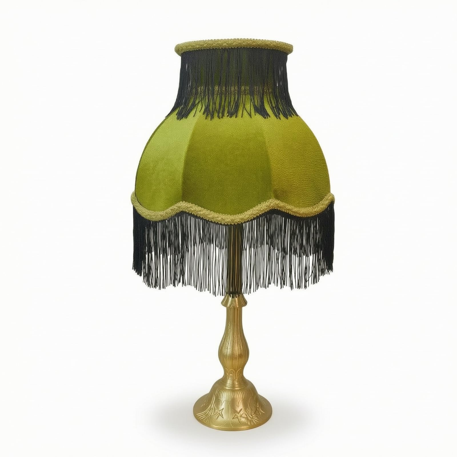 kowaku Lámpara de Vintage Lámpara de Noche Lámpara de Mesa Lámpara con Pantalla Clásica con Borlas y Base Redonda Casquillo E27, Pequeño Alto 47 Ancho 24, Pantalla Verde Con Borlas + Base Dorada