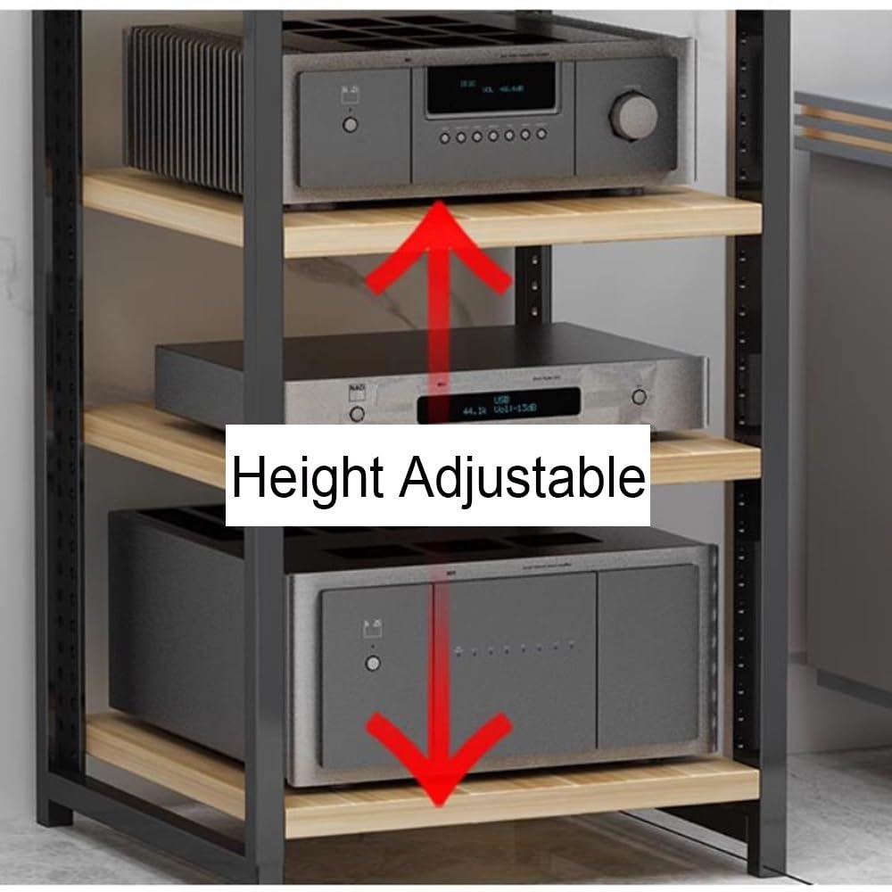 Support multimédia AV réglable à 4 niveaux – Étagère en bois pour tourne-disque stéréo Hi-Fi pour matériel audio et home cinéma (noir)