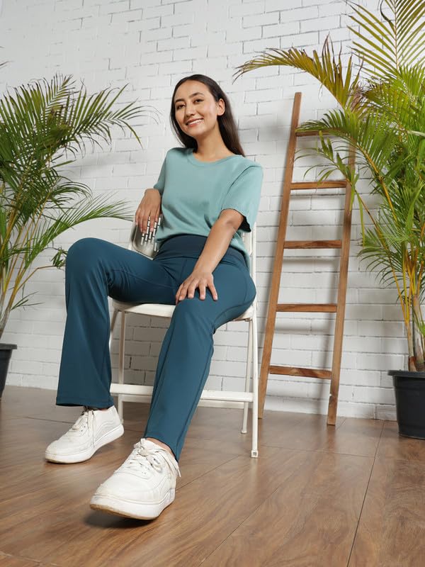 Image of Blissclub Ultimate Flare Pants for Women Above 5'5 ft Tall | Ribbed Waistband, 4 Pockets | High Waist Trousers and Formal Pants for Office wear