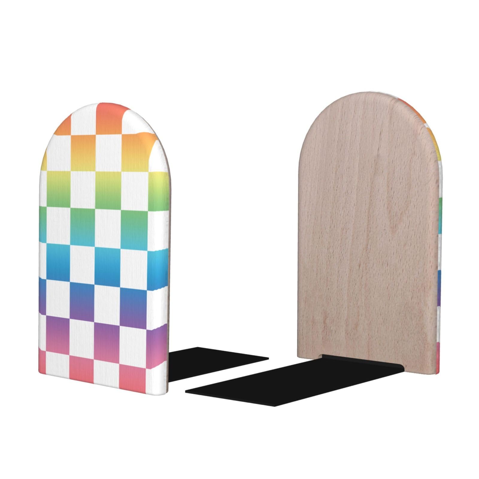 Pastel Rainbow Checker Print BookEnds 1 Pair, Decorative Bookends for Heavy Books, Wood Book Ends for Shelves, Book Organizer for Home Desk Office Supplies