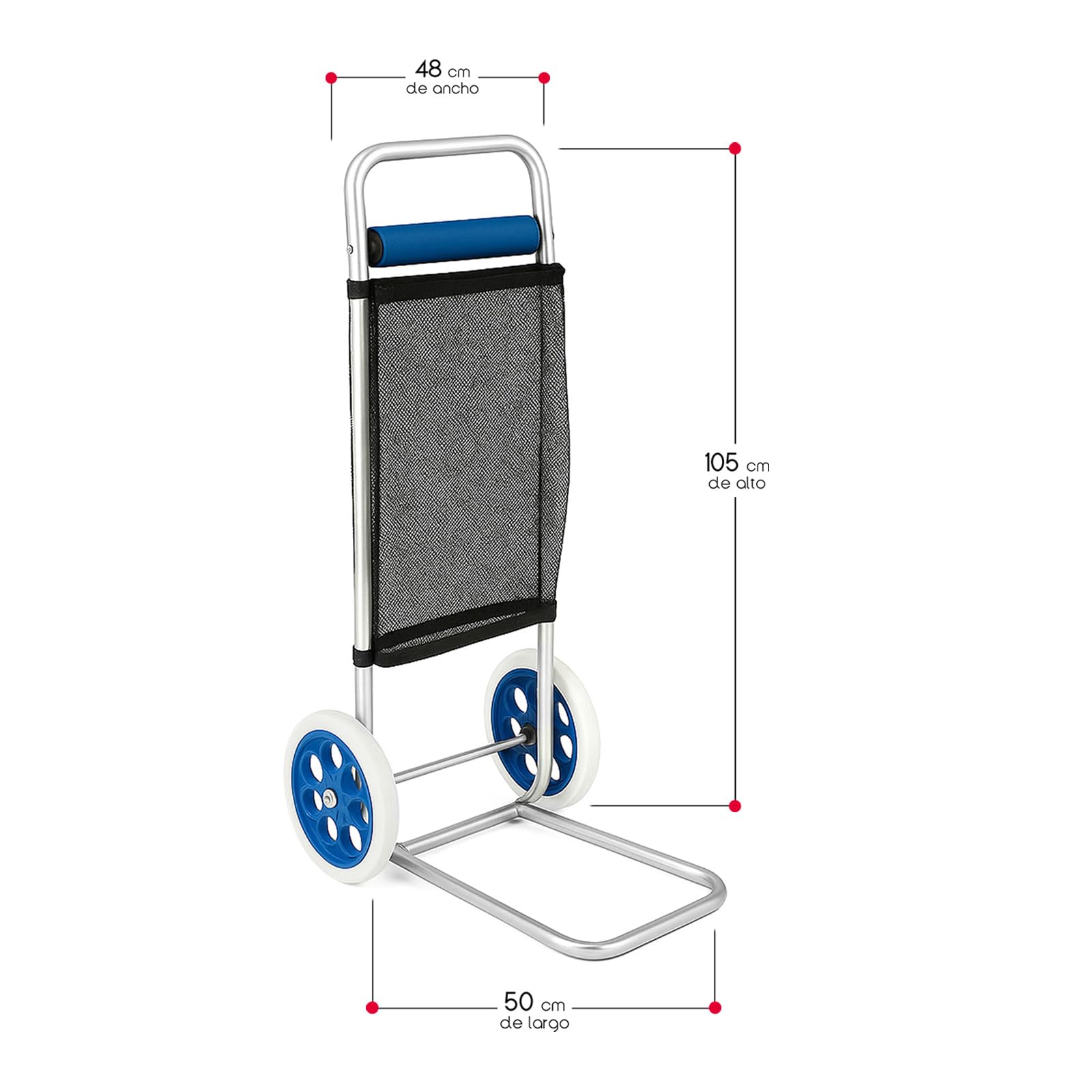 TIENDA EURASIA – Carro Playa | Plegable | con 2 Ruedas Giratorias | Estructura de Aluminio | Plateado y Azul | Convertible en Mesa y Portasillas | 50x48x105 cm | Incluye Neceser y Rejilla