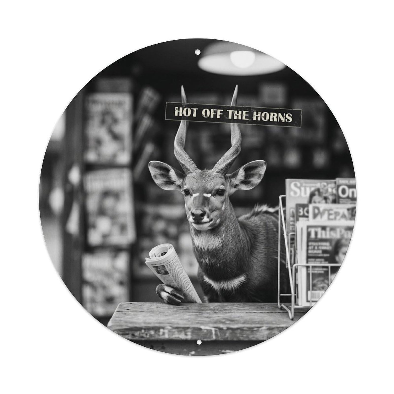 Animal Bushbuck Newsstand British Anthropomorphic Oddity Humor Metal Tin Sign Plaque Wall Decor for Cafe, Man Cave, Club Bar, Office, Home Garden Round Metal Poster 8x8Inch