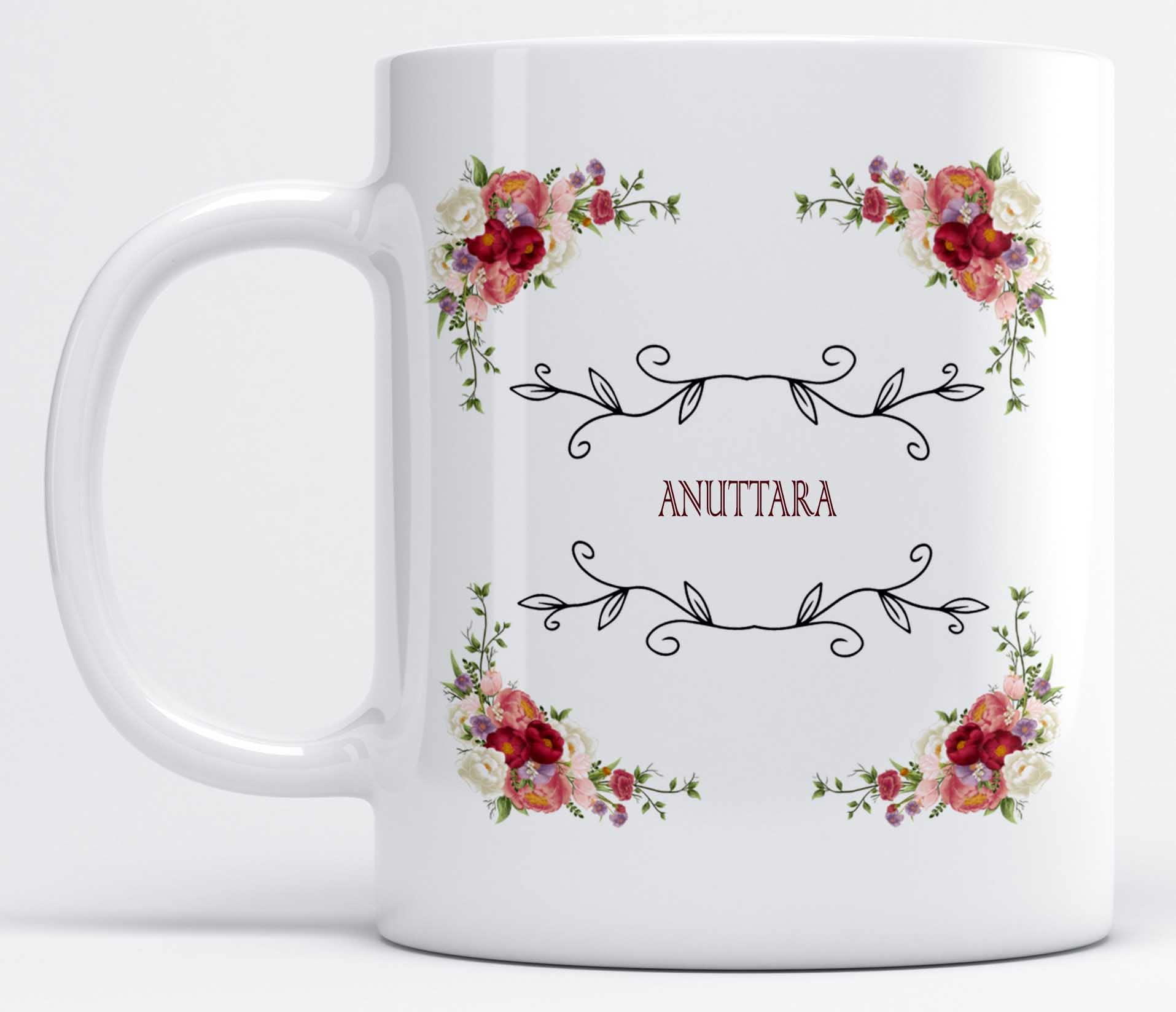 LOROFY Beautiful Floral Frame Name ANUTTARA Printed Ceramic Coffee Mug (325ML)