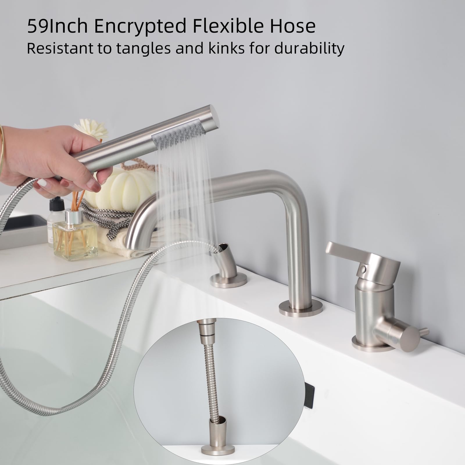 Grifo Bañera 3 Agujeros, Baño Ducha Mezclador con Giratorio de 360°, Grifo de Bañera 3 Orificios, para Borde de Bañera, Cepillado, 11Y2OK