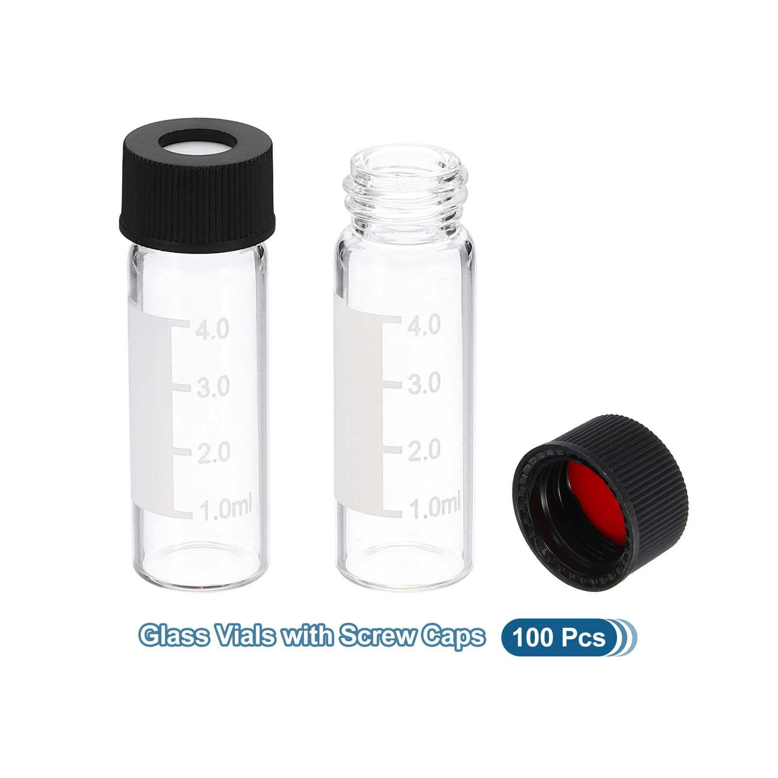 PATIKIL Vial de Muestreo de 4 ml, Paquete de 100 Viales HPLC/GC de 9-425, Viales Transparentes de Laboratorio con Tapa de Rosca, Área de Escritura y Septa de PTFE