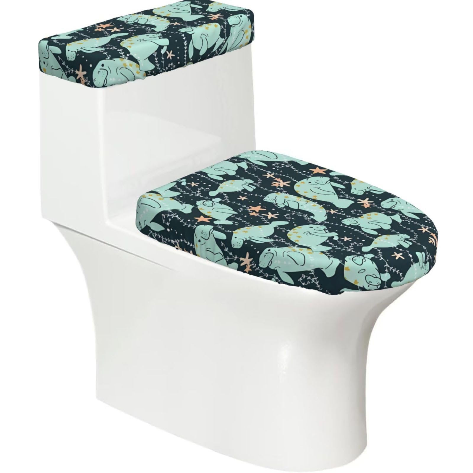Manatee Animals Calf 2-Piece Toilet Seat Cover Set with Tank Lid - Elastic for U-Shape & Elongated - Bathroom Decor
