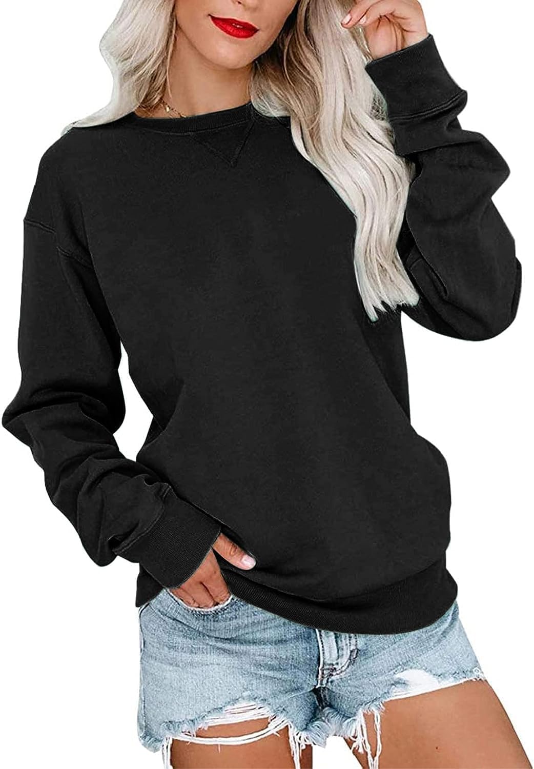 VIGVAN Damen Sweatshirt Pullover Elegant Basic Langarmshirt Rundhals Baumwolle Pulli Herbst Winter Casual Oberteile Langarm Tops