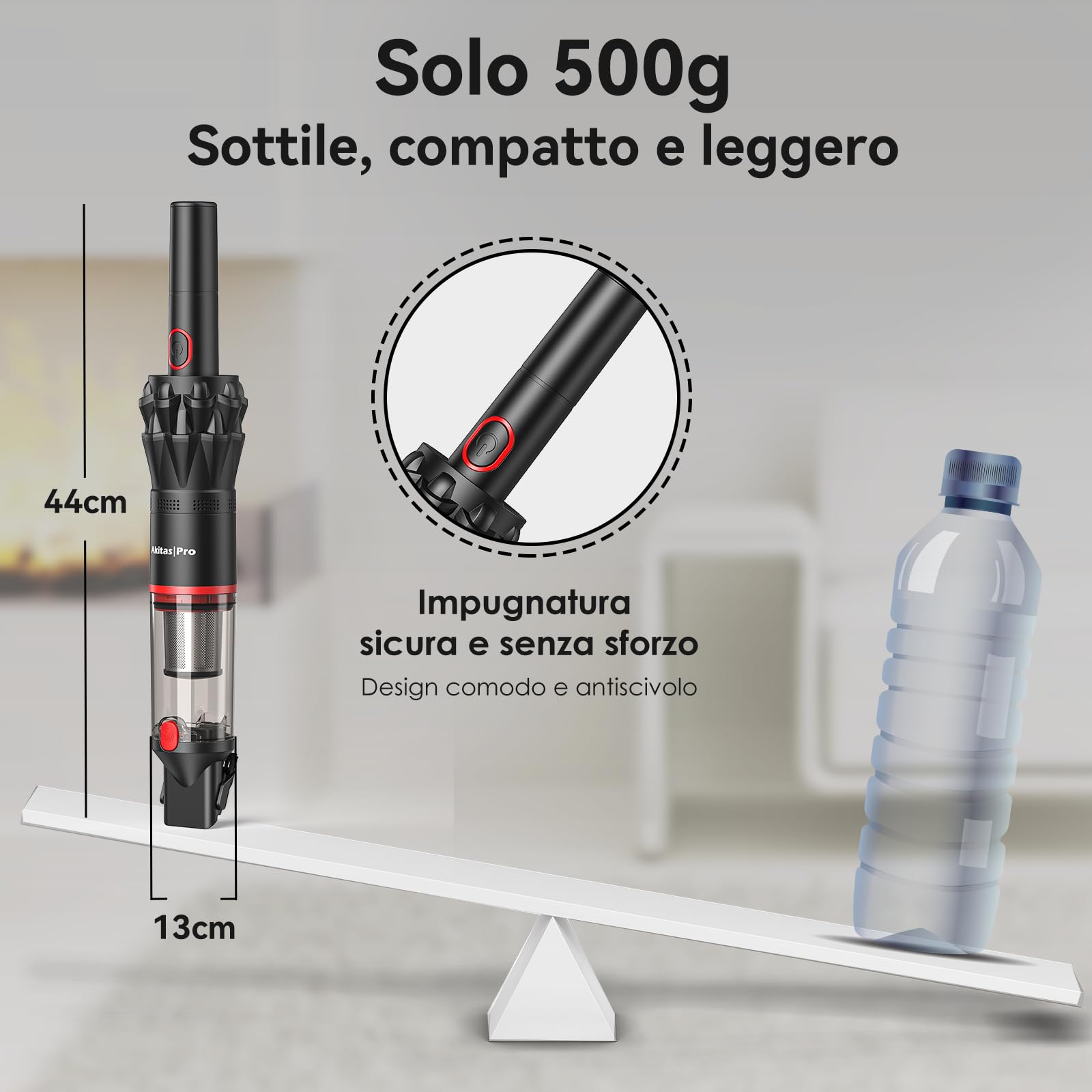 Akitas Aspirabriciole Senza Fili H2 – 0,5 kg Ultra Leggero, Aspirapolvere Portatile con Autonomia fino a 26 min, Filtro HEPA & Acciaio, Accessorio 2-in-1 per Auto, Divano e Casa
