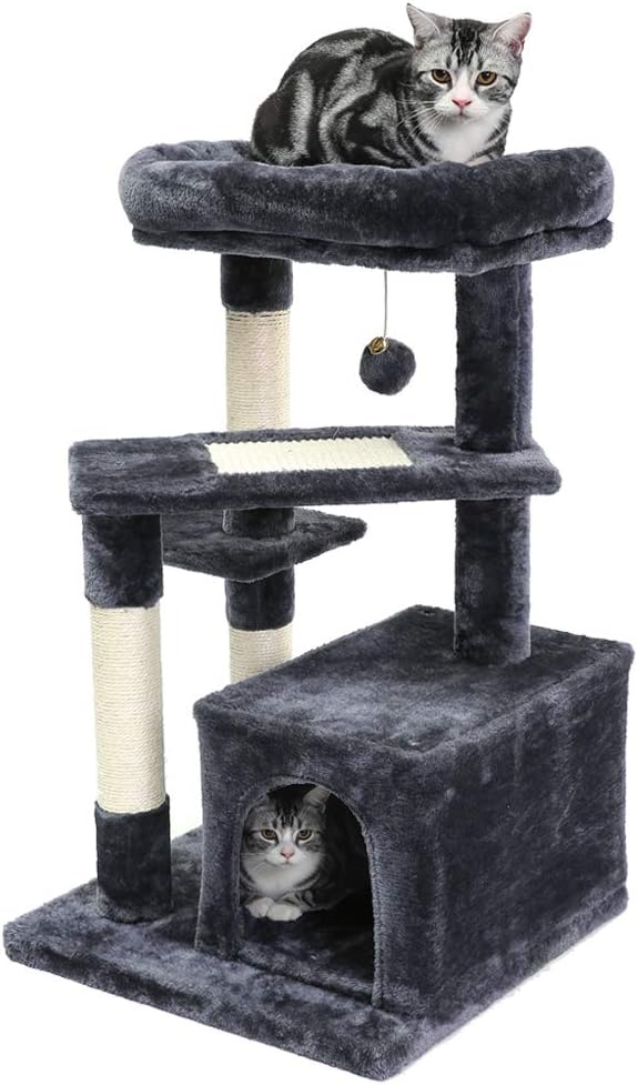 SUPERJARE Cat Tree with Extra Scratching Board & Posts, Kitten Tower Center with Plush Perch and Dangling Ball, Pet Play Condo Furniture - Dark Gray