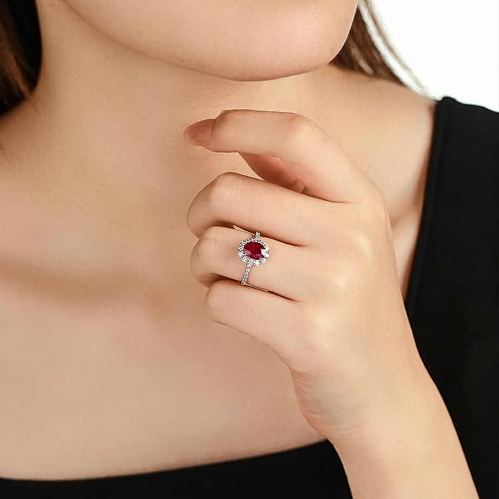 Obrączki ślubne Białe złoto damskie 18 Kt 750, kwiat i 4 szczęki owalne z 1,1 ct rubinem i diamentem, damskie srebrne czerwone pierścionki zaręczynowe, rozmiar 11 (51 mm)