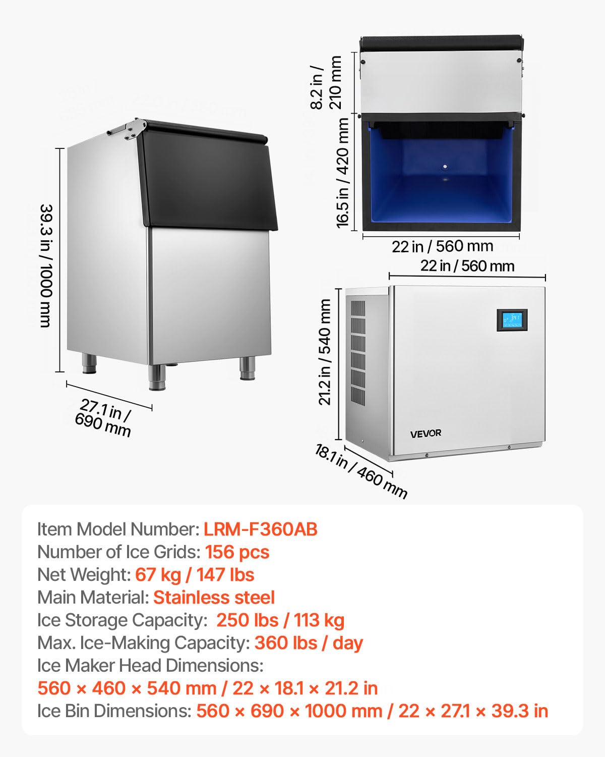 VEVOR Macchina per Ghiaccio Commerciale Capacità di Produzione 163kg/giorno Macchina con Contenitore per Cubetti di Ghiaccio Autopulente Schermo a Tocco Capienza 113kg, Bar Ristorante Hotel