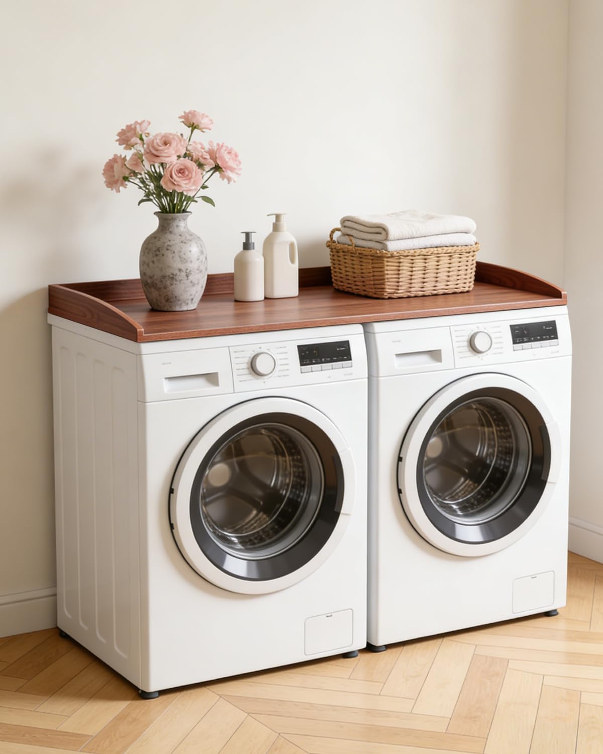 Mueble para lavadora y secadora, soporte de madera para lavadora, estante para lavadora con barra de seguridad, cubierta de madera para lavadora, organización de cubierta para lavadora
