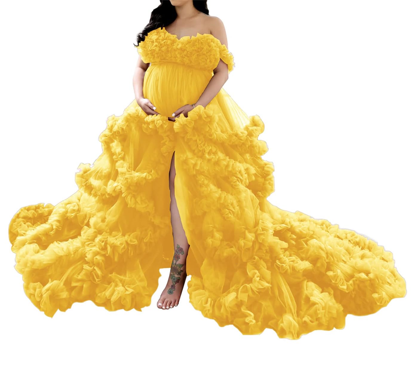 AHERKLL Women's Maternity Dress for Photoshoot Tulle Robes Puffy Ruffles Bridal Lingerie Bathgown IllusionZM007 Mustard Yellow UK10