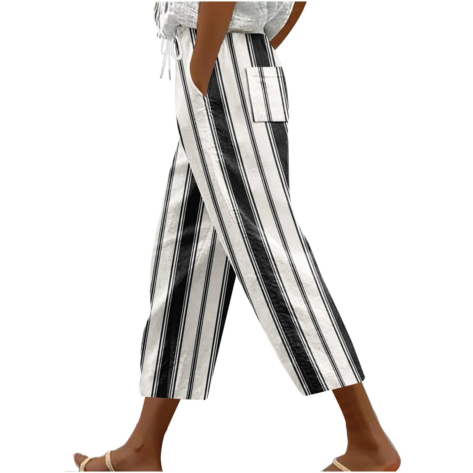 Stripe Color Block Capri Pants for Women Casual Straight Leg Capri Pants Drawstring Elastic Waist Cropped Trousers