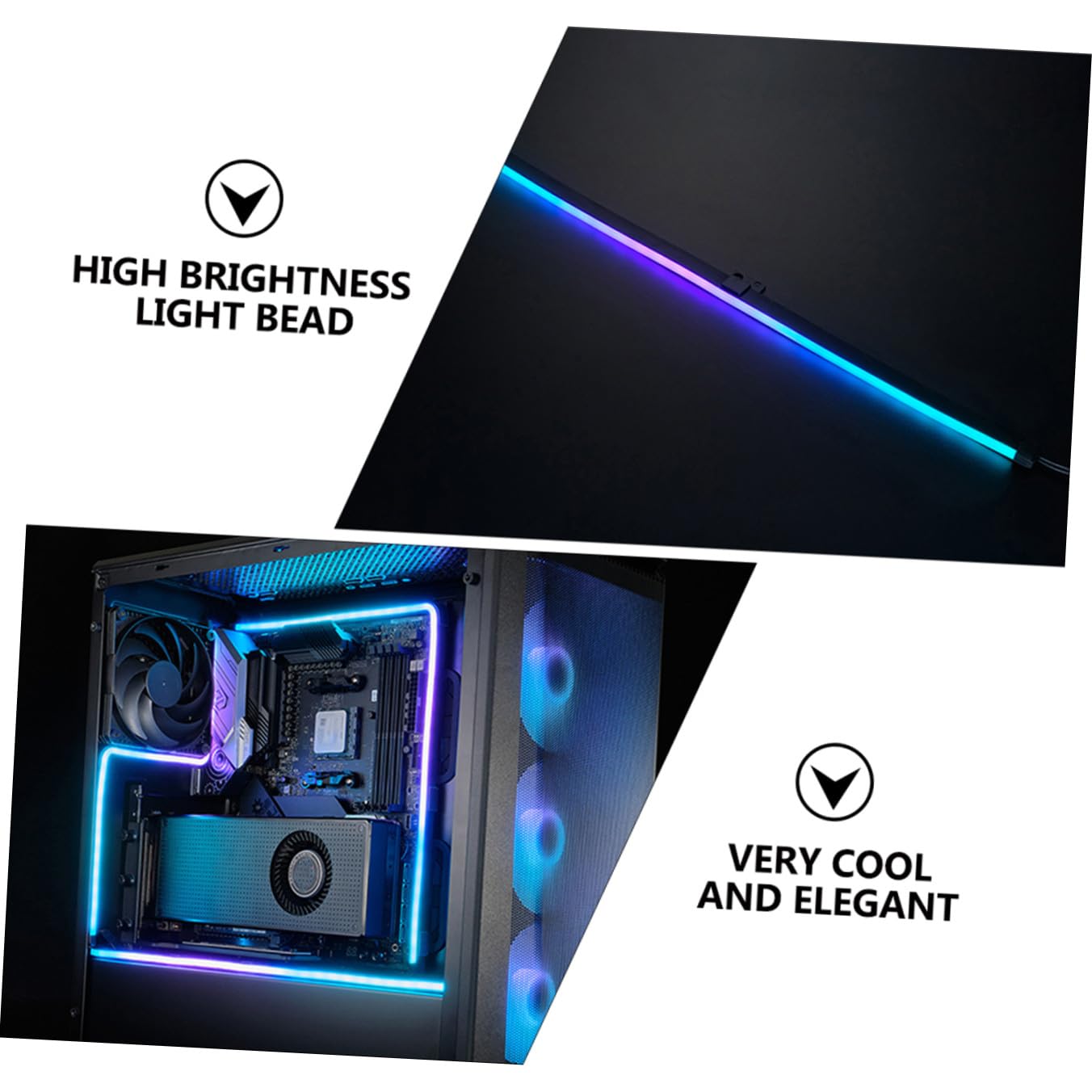 Mikikit Argb LED Lichtleiste 5v 2 Stück, 400mm, 28 Leds für PC Gehäuse | Schwarz, Abs Ausführung mit Klebestickern, 3-poliger Eingang und Ausgang, Flexible Formgebung, Hohe Helligkeit