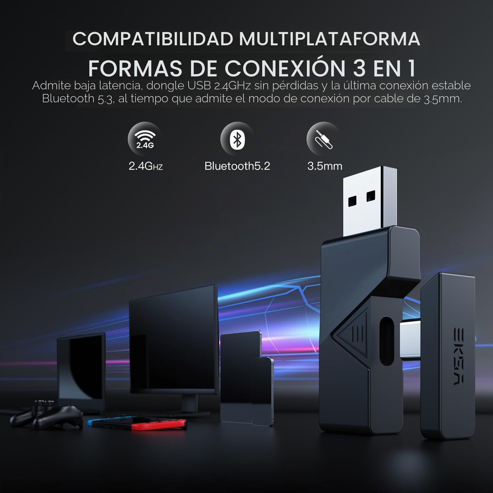 EKSA E900BT Auriculares Gaming Inalámbricos BT de 2,4 GHz, Interfaz Type-C y USB, 50 Horas de Duración de la Batería, Auriculares con Micrófono con Cancelación de Ruido para PC/PS4/PS5/Mac