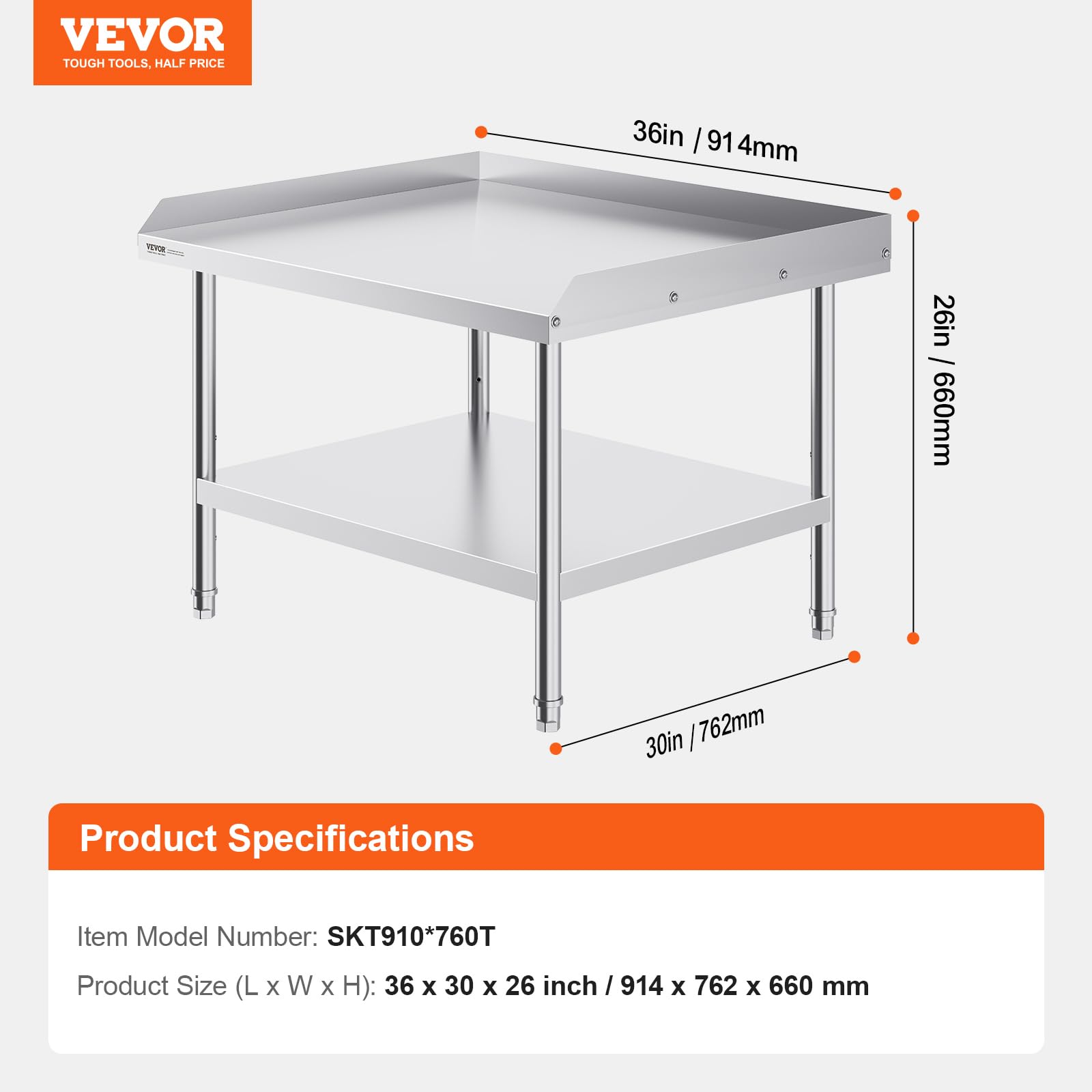 VEVOR Tavolo da Lavoro in Acciaio Inossidabile 762 x 914 x 660 mm Tavolo da Lavoro Commerciale per Preparazione degli Alimenti con Alzatina su 3 Lati, con Altezza Regolabile per Casa Ristorante Hotel